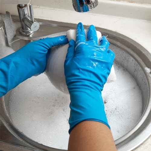 Heavy Duty Thick Latex Gloves, 14mil, Blue, Industrial, Powder Free, 12" Length, Textured, Multi-Purpose, Box of 50