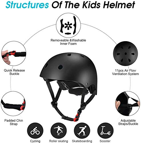 Adjustable Kids Helmet and Protective Gear Set - Black Set, Small