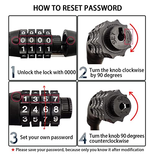 4-Digit Resettable Bike Lock Cable - 3 Feet Long Anti-Theft