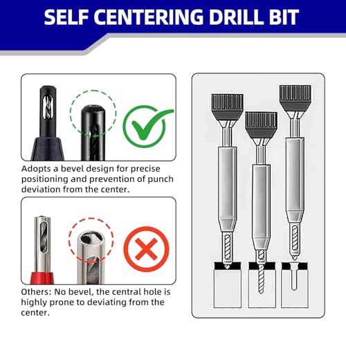 Self Centering Drill Bit Set, 1/4 Inch Hex Shank HSS VIX Bit Set with Hex Key, 3/32", 7/64", 1/8" Hinge Center Drill Bits for Precise Cabinet and Door Hinge Installation (3-Piece)