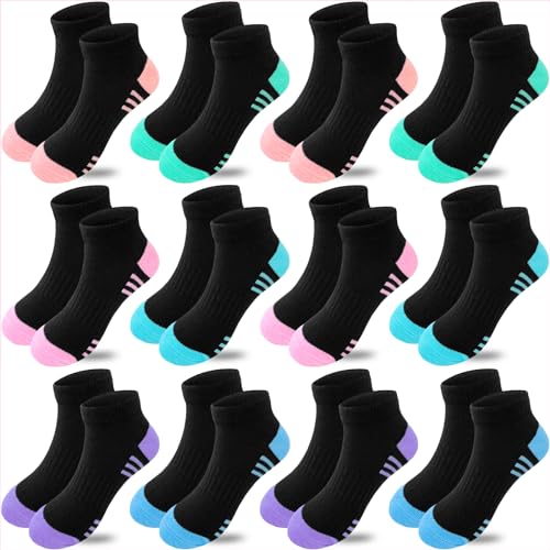 Black Girls Socks 12 Pairs Kids Ankle Athletic Cotton Sports Low Cut Shoes (Ages 10-14)