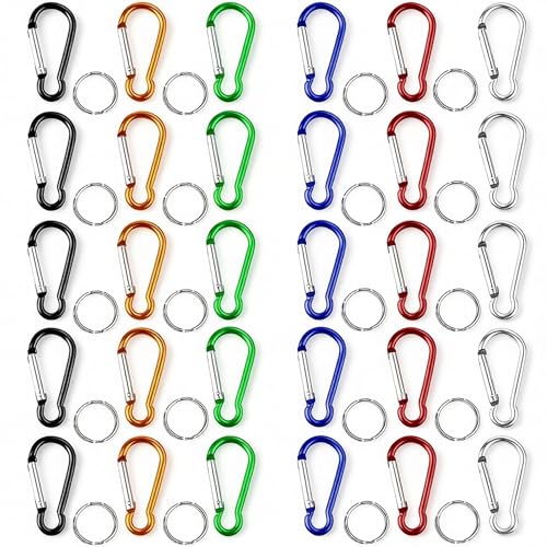 30pcs Multicolor Carabiner Clips with Keyrings - Lightweight D-Ring Hooks