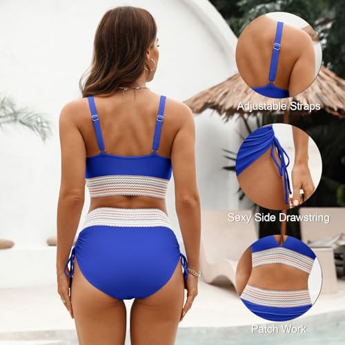 Adisputent Women's High Waisted Color Block Bikini Set Royal Blue Large V Neck Tummy Control Swimsuit