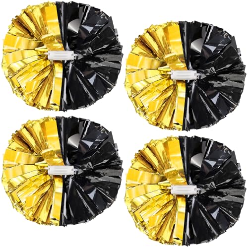 HOLENGS 12-Inch Metallic Cheerleading Pom Poms Black & Gold - 4 Pack for Sports & Dance