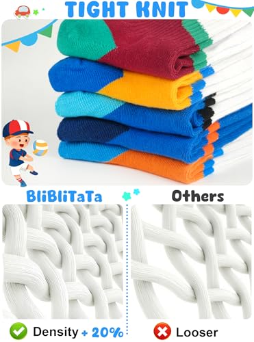 BliBliTaTa Boys Athletic Crew Socks 5-Pack - Cotton, Breathable, Seamless Toes, Size 4-18 Years, Yellow/Orange/Blue/Brown