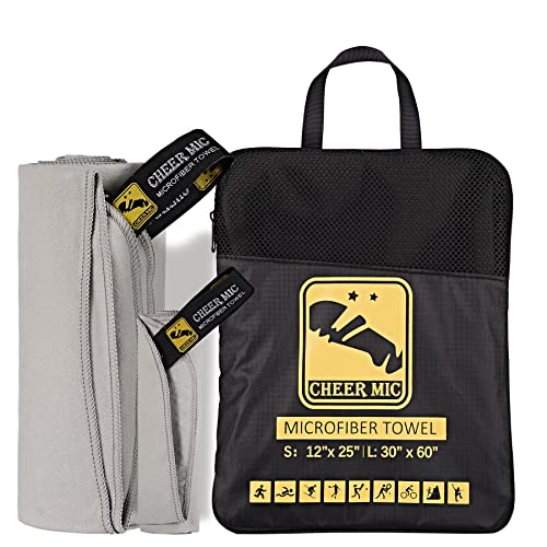 CHEER MIC Large & Small Microfiber Quick Dry Towels Set 30x60 & 12x25 Grey