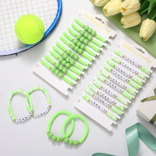 24 Pcs Tennis Ball Beaded Sports Wristbands - Green & White