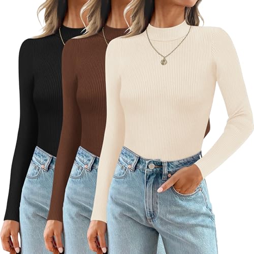 Ekouaer 3-Pack Women's Mock Turtleneck Long Sleeve Ribbed Tops - Medium Black/Beige/Brown