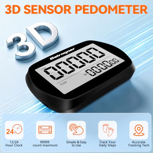 3D Step Counter Pedometer with Clock and Clip Lanyard - Black