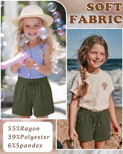 Girls' Drawstring Shorts with Pockets - Army Green, 9-10 Years