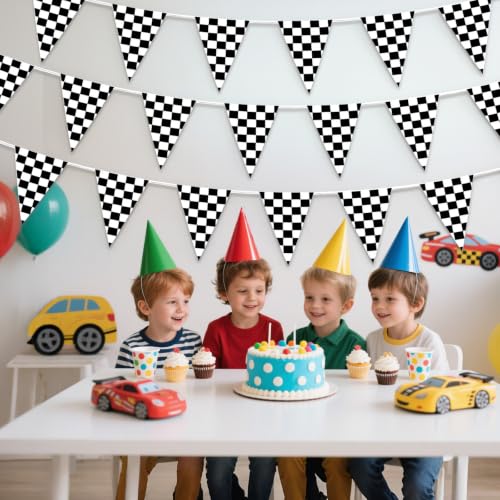 Checkered Flag Banner - 33ft Racing Pennant for Birthday Parties