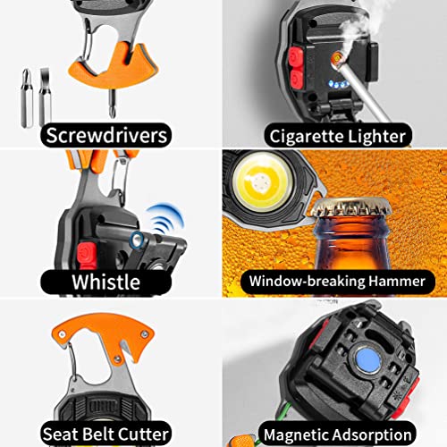 7-in-1 Multitool Keychain Flashlight - Rechargeable COB Light with Carabiner, Bottle Opener, Screwdriver, Magnetic Base - W5147-Orange