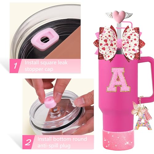 Hot Pink Tumbler Accessories Set with Bow Topper & Bling Boot - Initials A