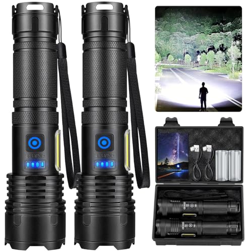 Cinlinso Rechargeable LED Flashlights High Lumens 2 Pack, 90000 Lumen Super Bright Flashlight, 7 Modes with COB Work Light, IPX7 Waterproof Powerful Flash Light for Home, Camping, Emergencies