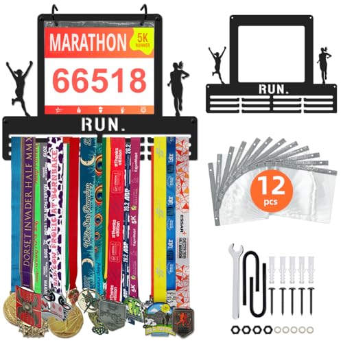 Race Bib & Medal Display - 16" Metal Hanger, Holds 45+ Medals, Black - Hers