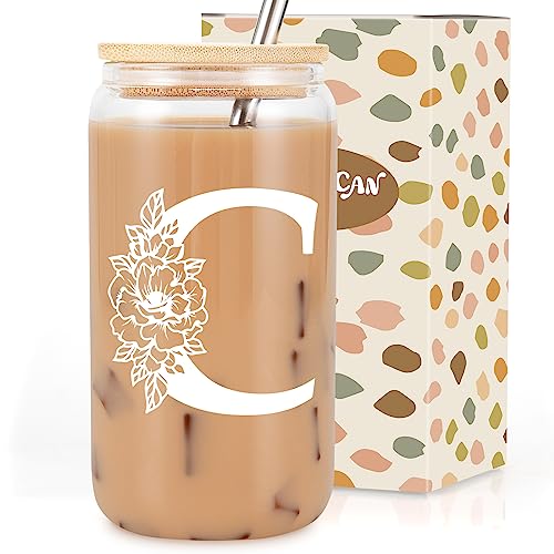 Coolife Monogrammed Glass Tumbler C - 16oz Personalized Coffee Cup with Lid, Gift for Women