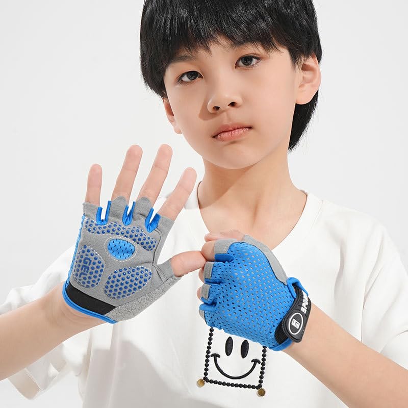Kids Cycling Gloves - Fingerless, Non-Slip Padded - Blue L (9-12 Years)