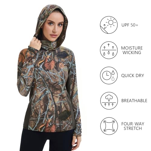 BASSDASH Women's UPF 50+ Camo Hunting Hoodie with Neck Gaiter - Autumn Forest, 3X-Large