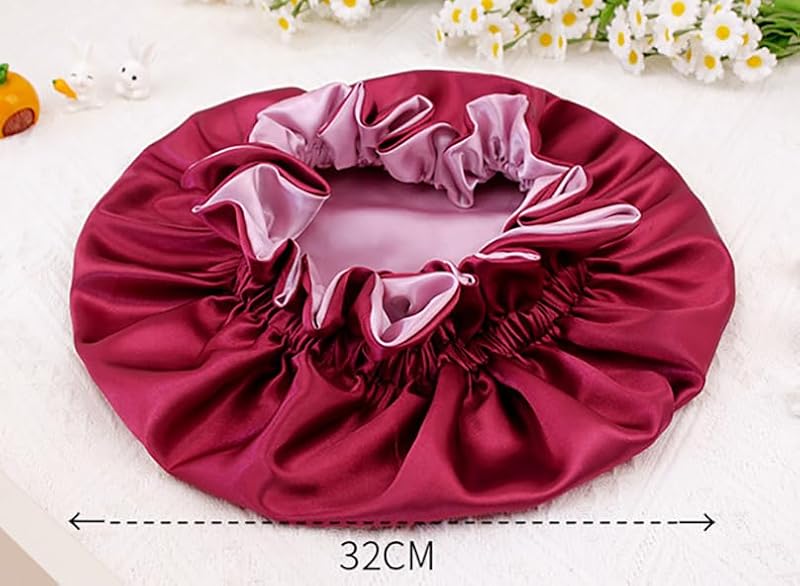 Double Layer Satin Sleep Bonnet with Wide Elastic Band - Red
