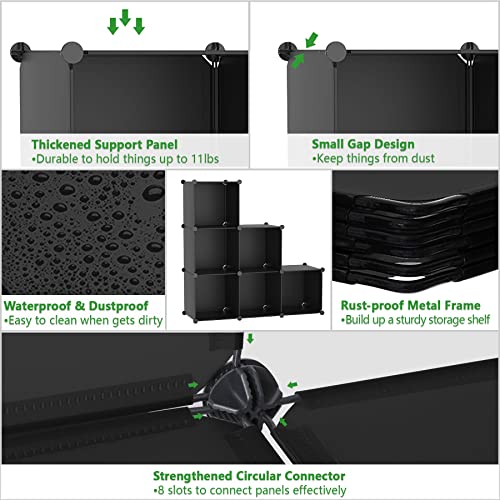 C&AHOME 6-Cube Storage Organizer, Stackable Storage Cubes Shelves, Portable Bookshelf, Plastic Clothing Storage Closet Organizer, DIY Modular Shelving Units for Wardrobe, Home, Black