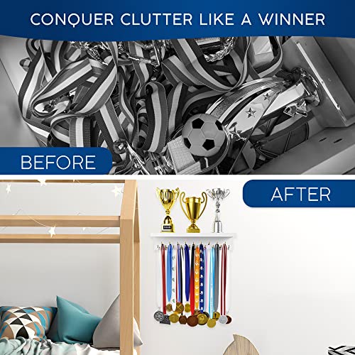 Wooden Medal Hanger with Trophy Shelf and Hooks for Awards Display