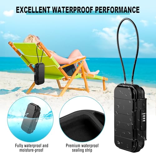 HUANLANG Portable Safe Lock Box with Combination Lock Mini Beach Travel Safe Waterproof Small Lockable Boxs with Removable Wire Rope Combination Lock Box for Dorm,Travel,Beach,Hotel,Car,Home,Office