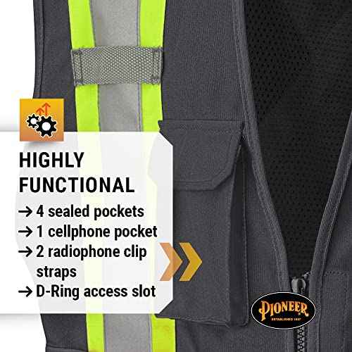Pioneer Hi Vis Tear-Away Mesh Back Safety Vest for Me - Reflective Tape, 4 Pockets - Construction, Traffic, Security - Black