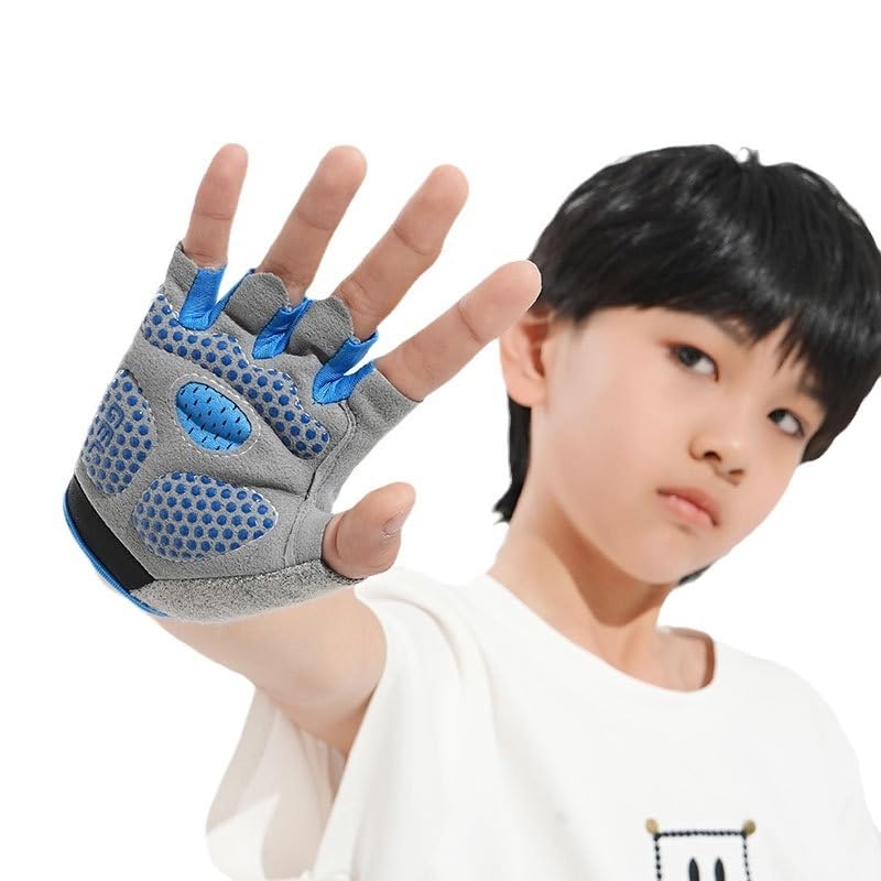 Kids Cycling Gloves - Fingerless, Non-Slip Padded - Blue L (9-12 Years)