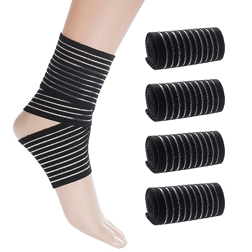 Ankle Compression Bandage - Adjustable Elastic Strap, 4 Pack - Black
