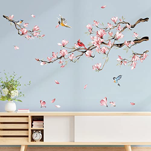 decalmile Magnolia Flowers Tree Branch Wall Decals Pink Floral Blossom Birds Wall Art Stickers Girls Bedroom Living Room TV Sofa Decor