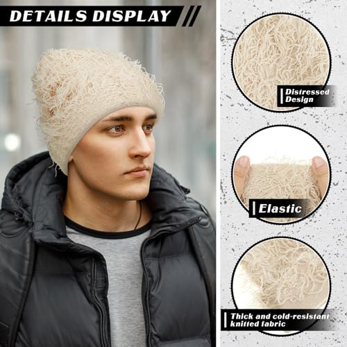 Distressed Knitted Beanie - Fuzzy Winter Hat for Men & Women - Assorted Apricot