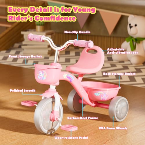 Unicorn Toddler Tricycle with Colorful Lighting Wheels - Pink