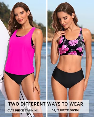 Daci 3-Piece Pink Floral Tankini Swimsuit with Tummy Control and Bikini Bottom - Medium