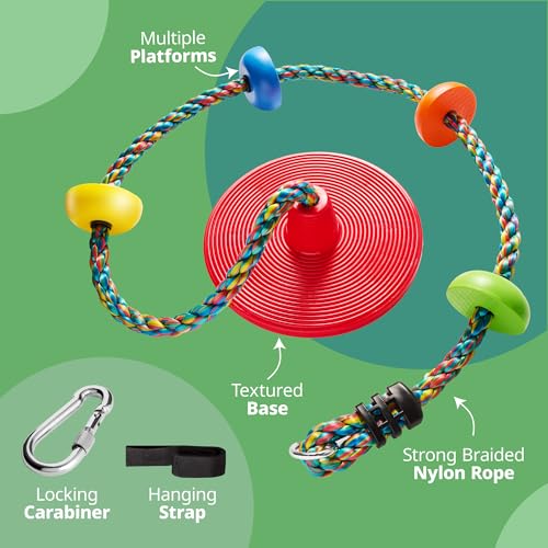 Tree Swing for Kids - Single Disc Seat & Rainbow Climbing Rope Set - Red & Multicolored