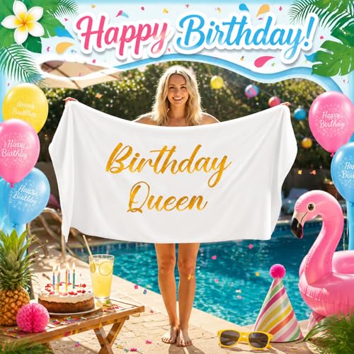 Peryiter Gold Birthday Queen Embroidery Beach Towel 28x55in - Cotton, Fun Gift