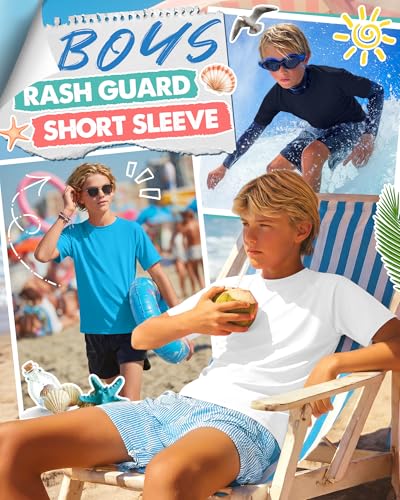 YooAurvox Boys' Rash Guard Swim Shirts 3 Pack - White, Blue, Navy Blue, Age 11-12