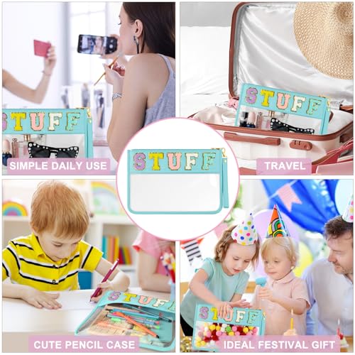 Cute Chenille Letter Makeup Bag - Clear Portable Pouch, Cyan Stuff