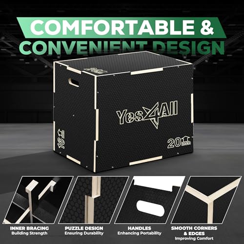 3-in-1 Non-Slip Wooden Plyo Box - 24" x 20" x 16" - Black
