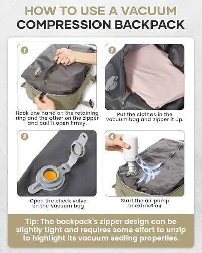 VGCUB Travel Backpack with Vacuum Seal Compression Bags - Khaki