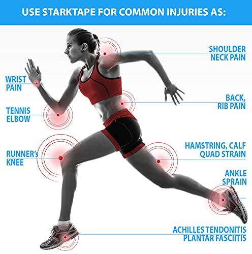 Starktape Kinesiology Tape Athletic Support - 3 Rolls, 60 Precut Strips, Latex-Free, Black/Blue/Pink
