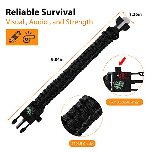 Oadnfa Black Survival Paracord Bracelet Kit with Fire Starter & Compass - 5-in-1 Camping Gear