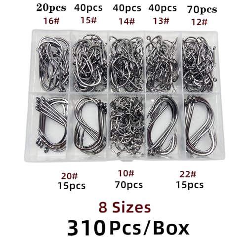 310Pcs Fishing Hook Set - 8 Sizes High Carbon Forged Steel for Freshwater & Saltwater