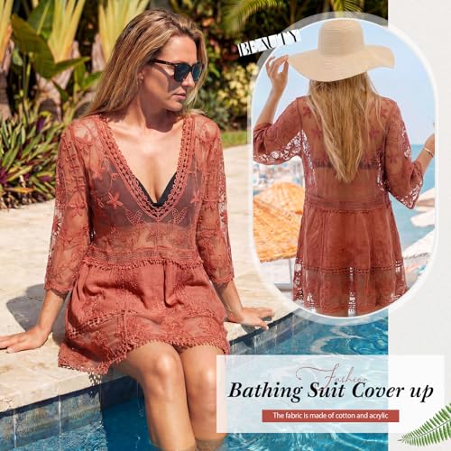 Cuffbow Rust Red Boho Lace V-Neck Beach Cover-Up for Women - Swim Dress