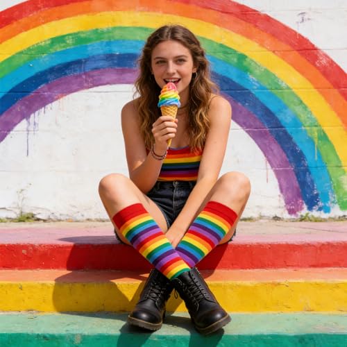 Striped Knee High Compression Socks - Breathable Long Tube - Rainbow