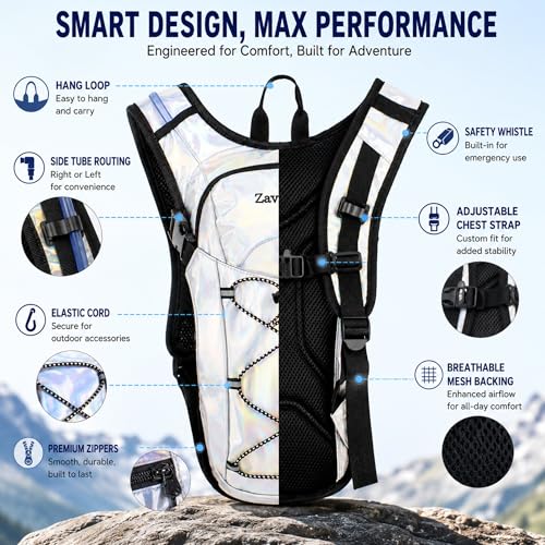 Reflective Hydration Backpack - 2L Bladder, Pearl White for Festivals