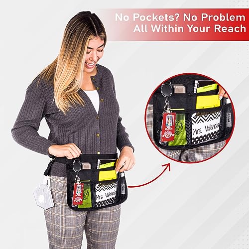 Premium Teacher Apron / 8 Varied Pockets/ID Sleeve/Drink Pouch/Retractable Key Carabiner/Teachers & Mobile Workers