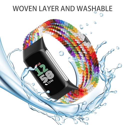 Braided Nylon Watch Bands for Fitbit Charge 6/5 - 3 Pack Black/Denim/Rainbow