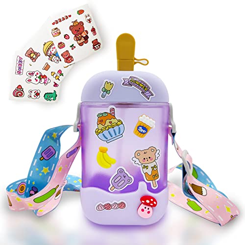 GMKD Purple Kawaii Ice Cream Water Bottle for Girls, 14oz BPA-Free Popsicle Design with Straw & Adjustable Shoulder Strap