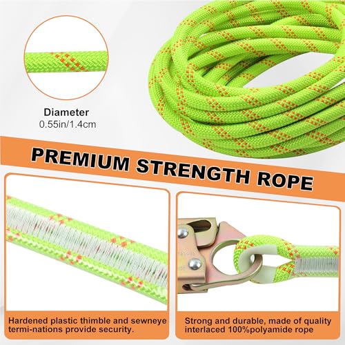 Rope Harness Safety Lanyard 50FT Fall Protection Vertical Roofing Rope with Grab Snap Hooks Shock Absorber Safety Ropes Tree Climbing Line Kit Heavy Duty Roof Safety Equipment