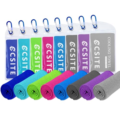 CSITE 8 Pack Cooling Towels for Neck and Face - Microfiber Ice Towels for Workout, Yoga, Running, Camping - Light Blue/Green/Gray/Purple/Lake Blue/Dark Blue/Dark Gray/Rose Red
